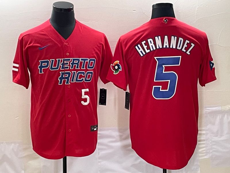 Men 2023 World Cub Puerto Rico 5 Hernandez Red Nike MLB Jersey1